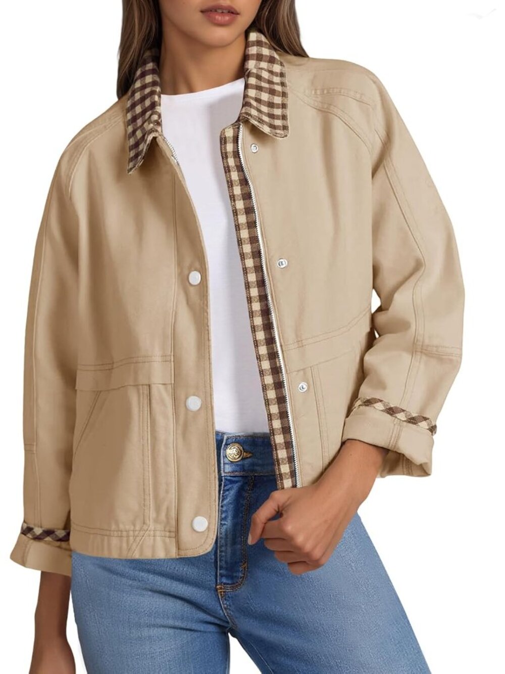 Womens Cropped Barn Jacket Zip Up Lightweight Contrast Plaid Coat